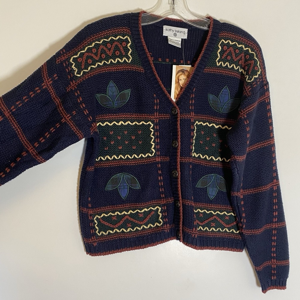 Kathy Ireland Cardigan Womens Small Blue Multi Floral Embroidered Granny Y2K 90s - Picture 4 of 16
